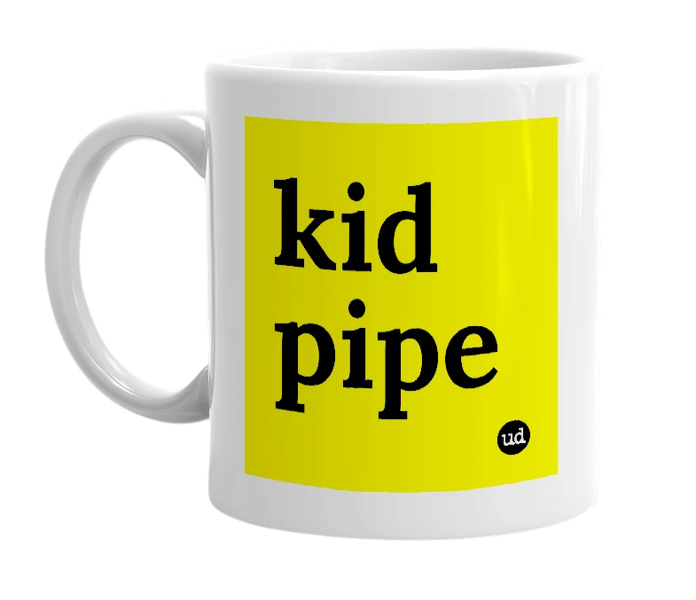 White mug with 'kid pipe' in bold black letters
