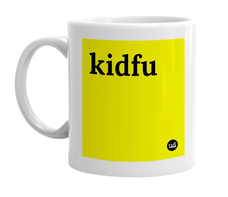 White mug with 'kidfu' in bold black letters