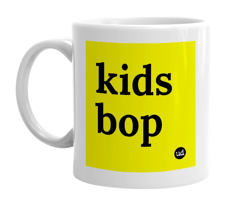 White mug with 'kids bop' in bold black letters