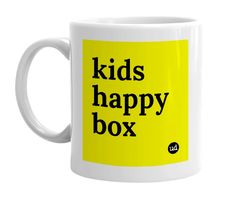 White mug with 'kids happy box' in bold black letters
