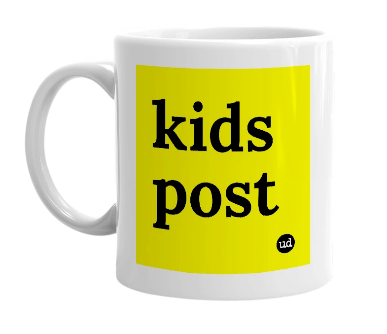 White mug with 'kids post' in bold black letters