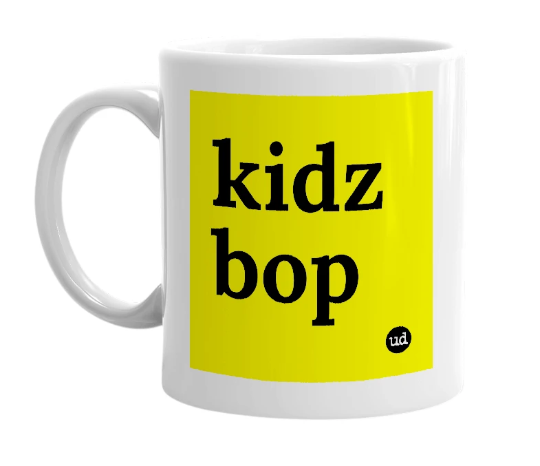White mug with 'kidz bop' in bold black letters