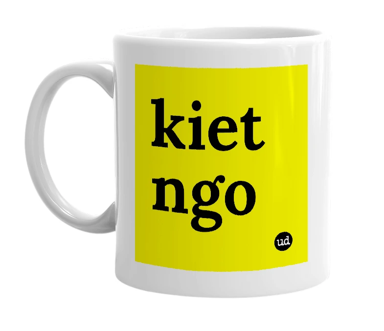 White mug with 'kiet ngo' in bold black letters