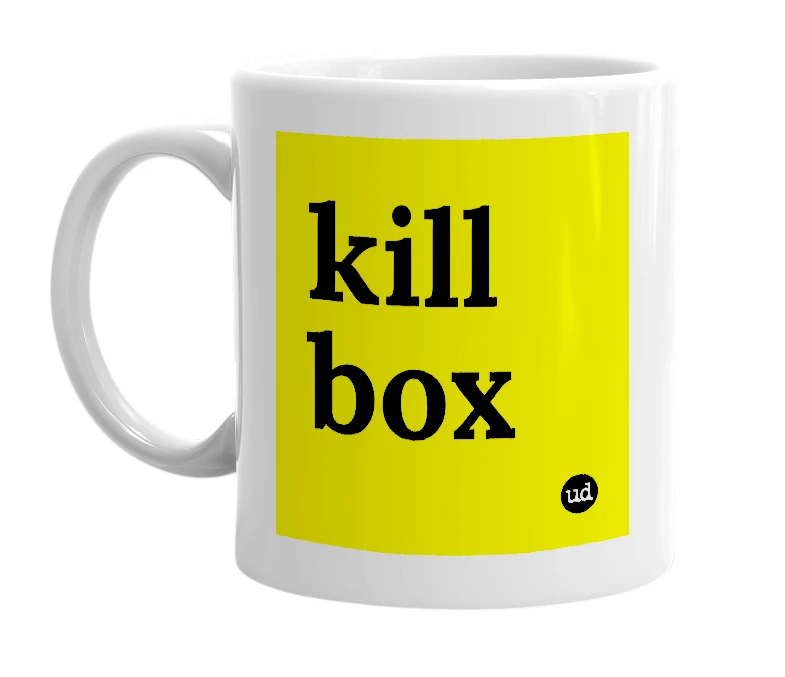White mug with 'kill box' in bold black letters