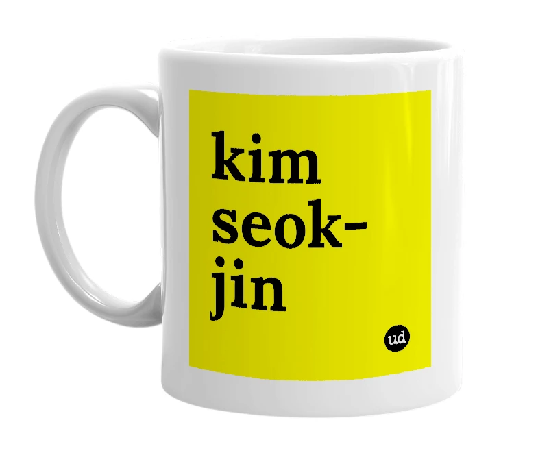 White mug with 'kim seok-jin' in bold black letters