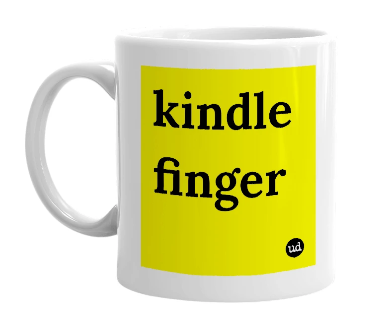 White mug with 'kindle finger' in bold black letters