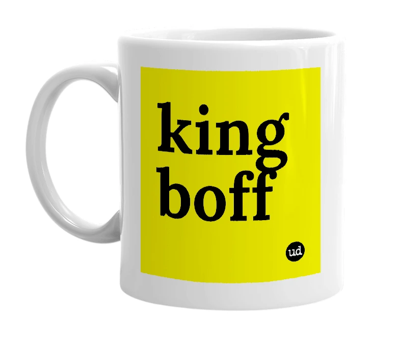 White mug with 'king boff' in bold black letters