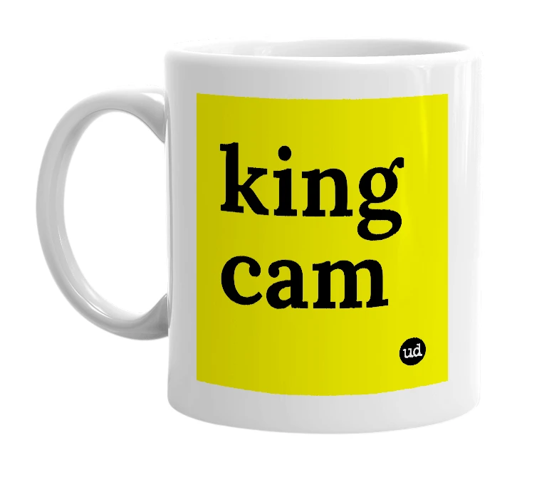 White mug with 'king cam' in bold black letters