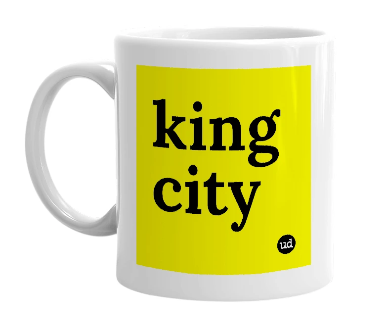 White mug with 'king city' in bold black letters