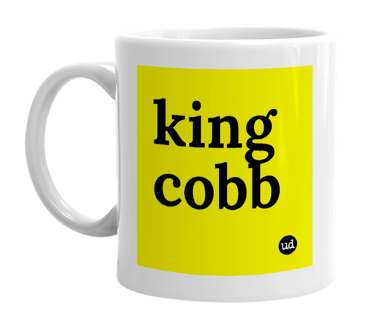 White mug with 'king cobb' in bold black letters