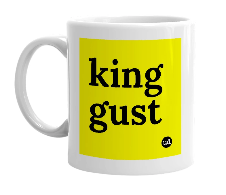 White mug with 'king gust' in bold black letters