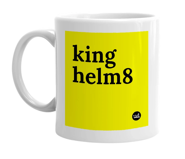 White mug with 'king helm8' in bold black letters