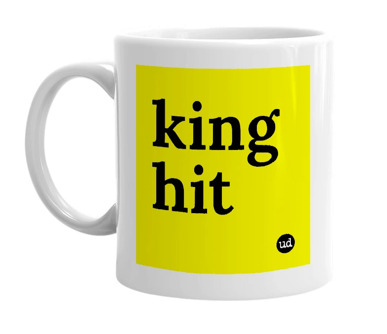 White mug with 'king hit' in bold black letters