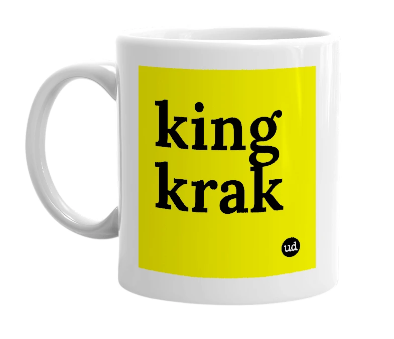 White mug with 'king krak' in bold black letters