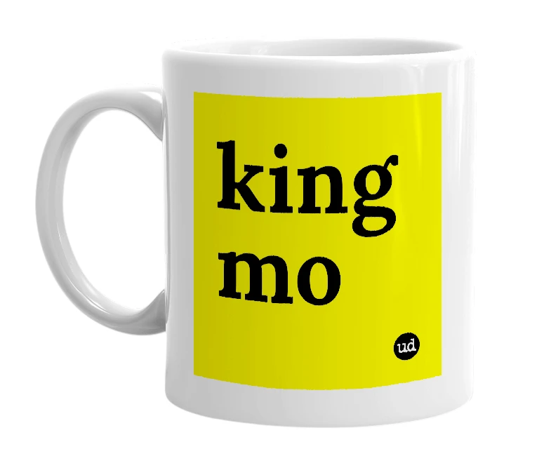 White mug with 'king mo' in bold black letters