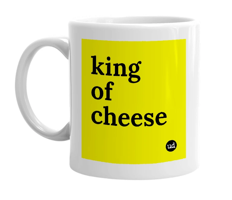 White mug with 'king of cheese' in bold black letters
