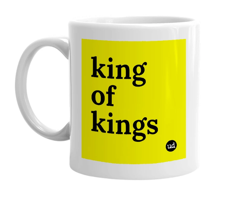 White mug with 'king of kings' in bold black letters