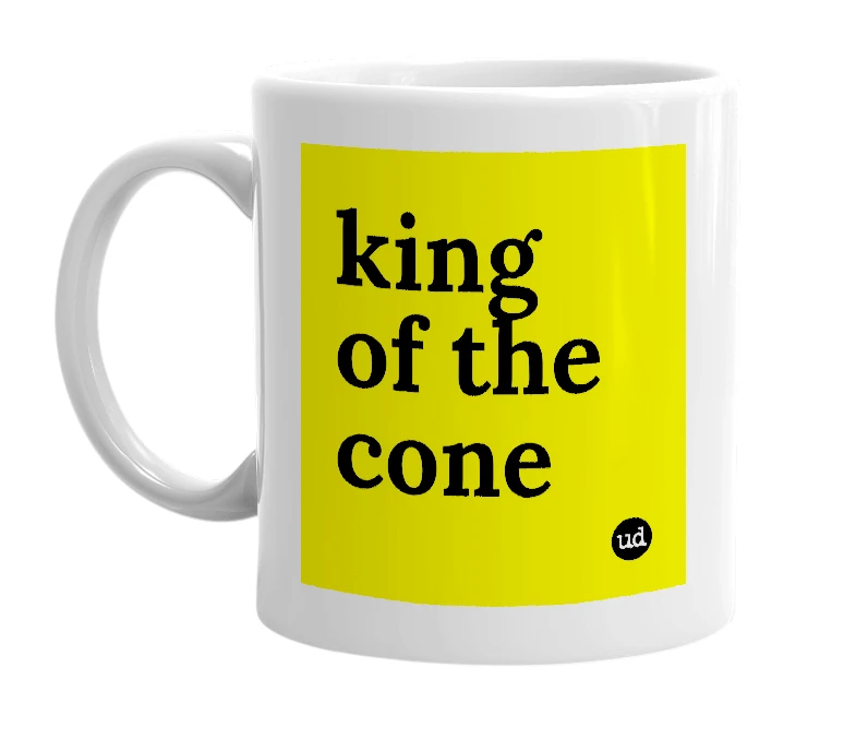 White mug with 'king of the cone' in bold black letters