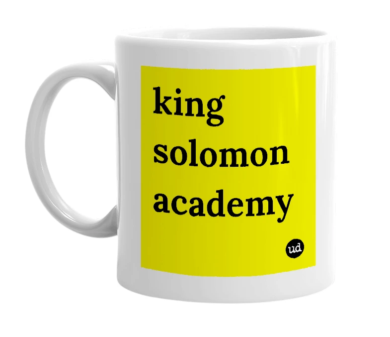 White mug with 'king solomon academy' in bold black letters