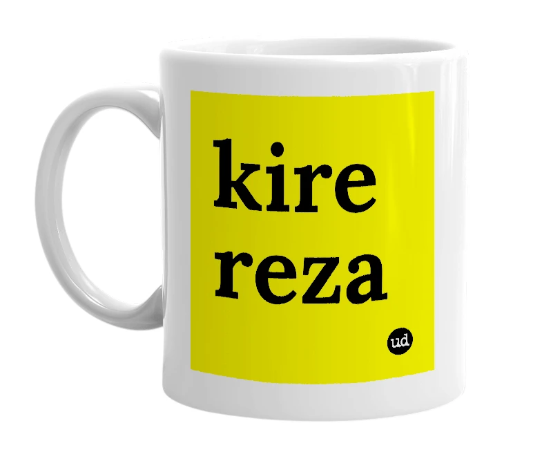 White mug with 'kire reza' in bold black letters