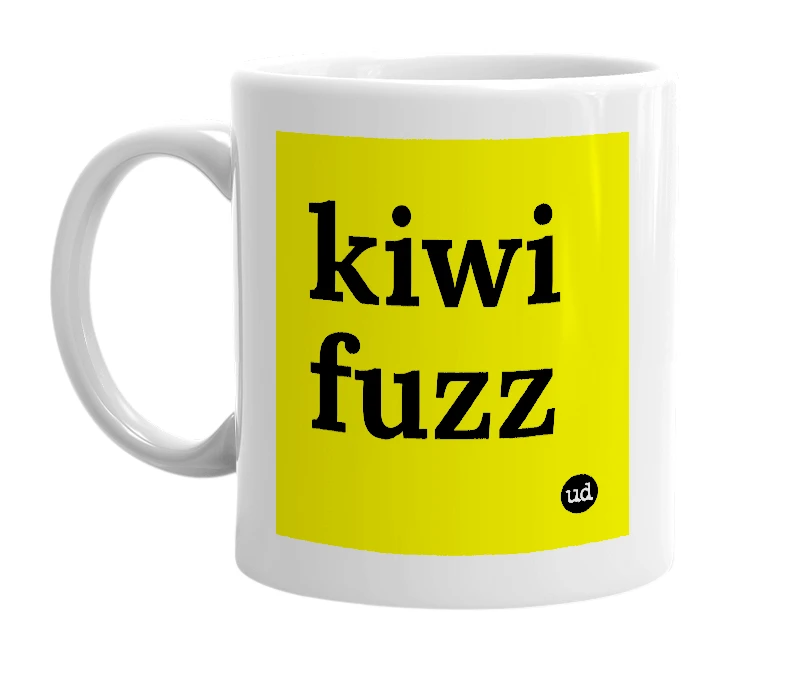 White mug with 'kiwi fuzz' in bold black letters