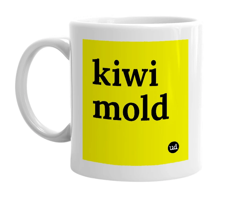 White mug with 'kiwi mold' in bold black letters