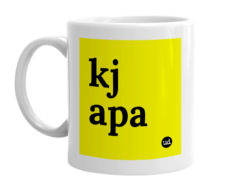 White mug with 'kj apa' in bold black letters