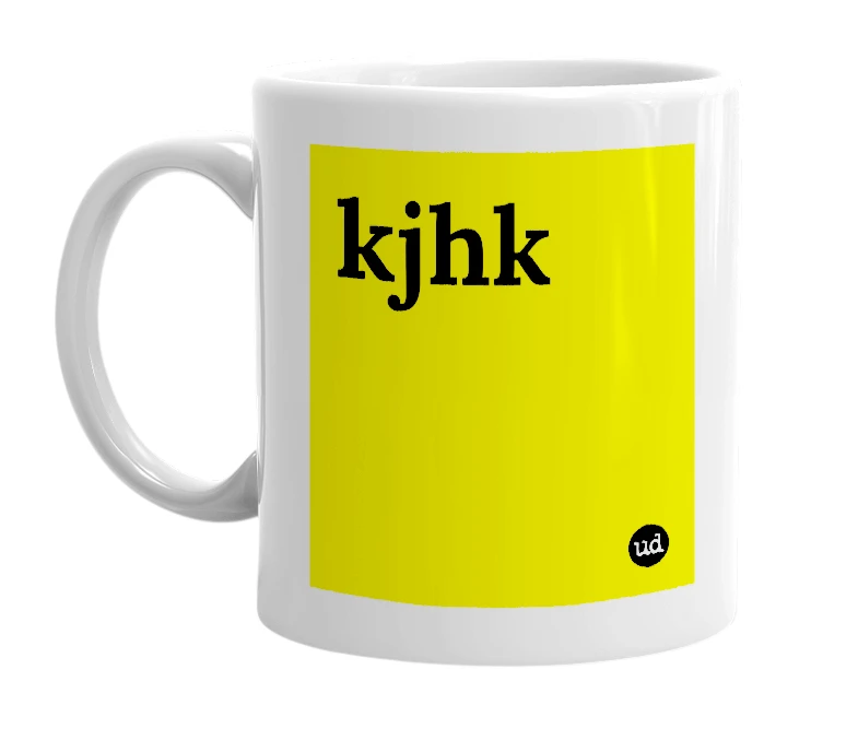 White mug with 'kjhk' in bold black letters