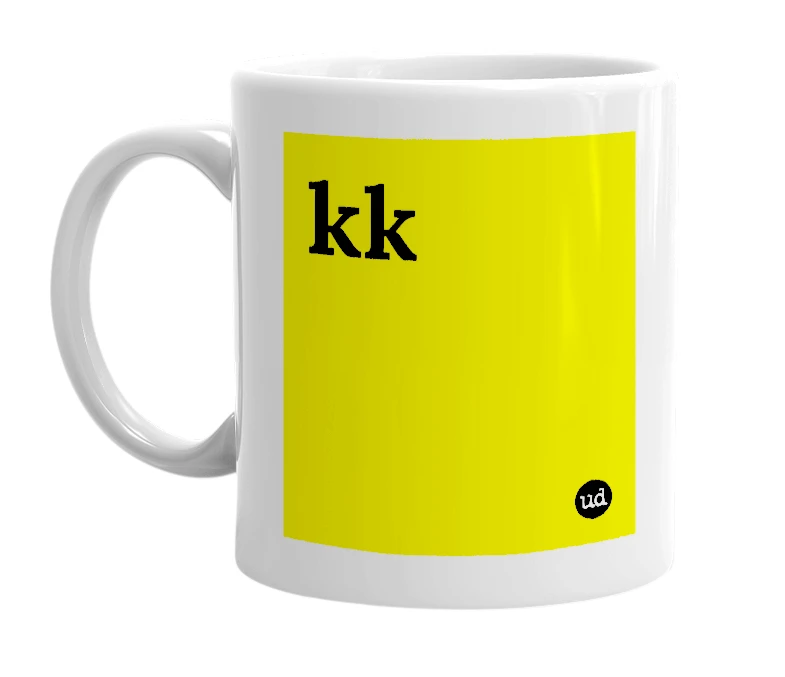White mug with 'kk' in bold black letters