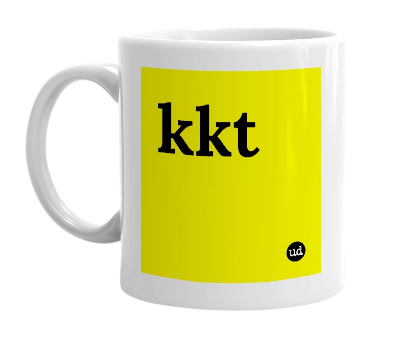 White mug with 'kkt' in bold black letters