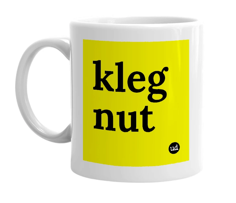 White mug with 'kleg nut' in bold black letters