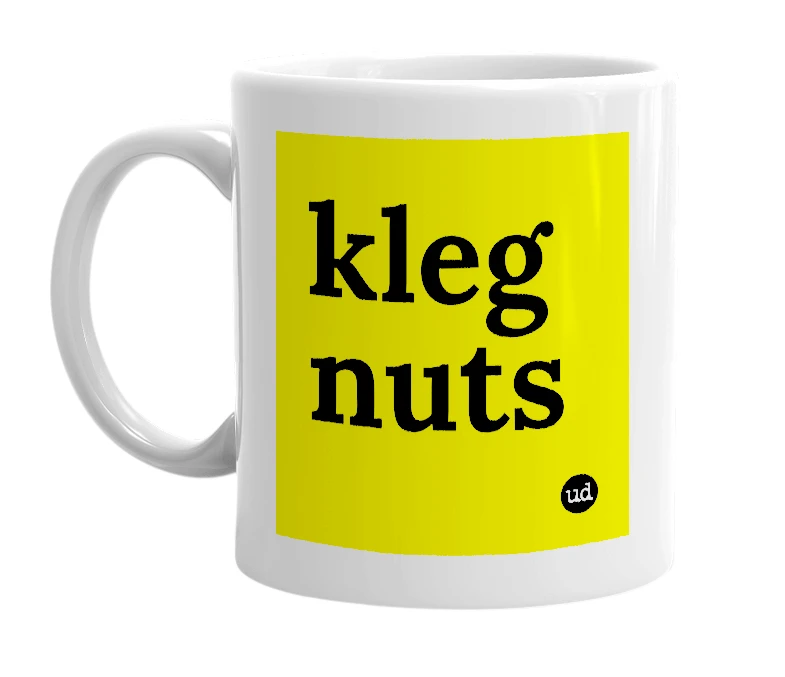 White mug with 'kleg nuts' in bold black letters