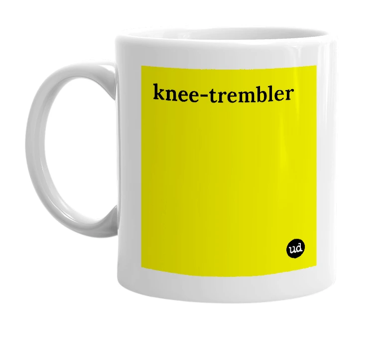 White mug with 'knee-trembler' in bold black letters