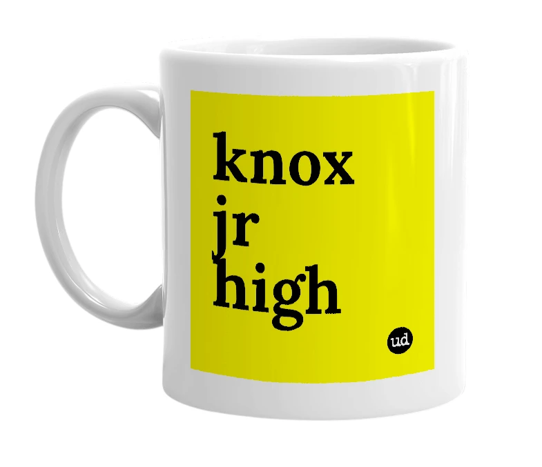 White mug with 'knox jr high' in bold black letters