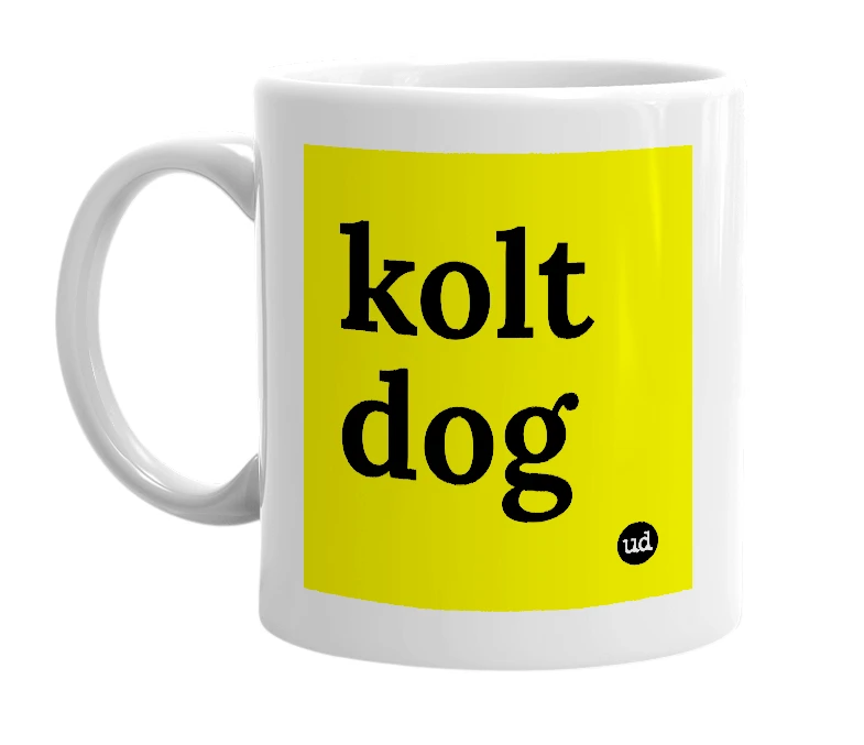 White mug with 'kolt dog' in bold black letters