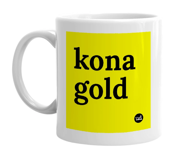 White mug with 'kona gold' in bold black letters