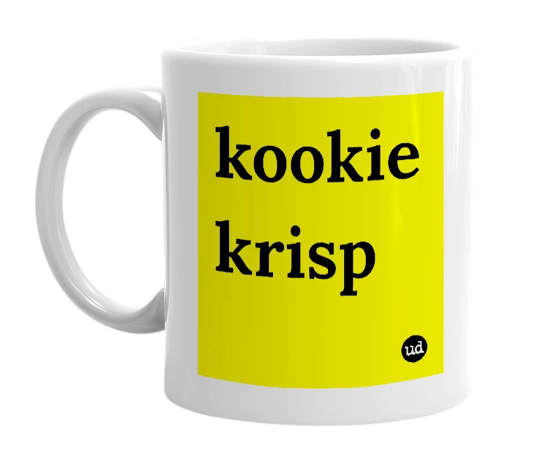 White mug with 'kookie krisp' in bold black letters