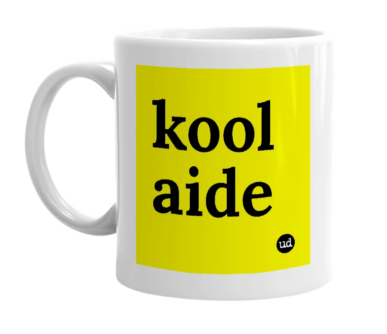 White mug with 'kool aide' in bold black letters
