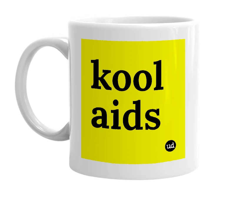 White mug with 'kool aids' in bold black letters