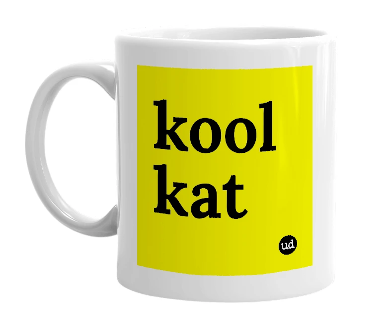 White mug with 'kool kat' in bold black letters