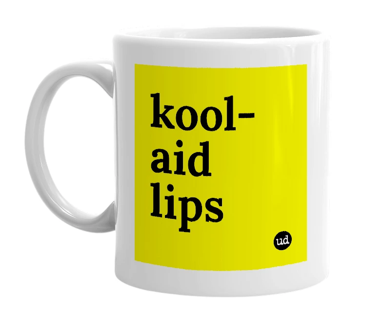 White mug with 'kool-aid lips' in bold black letters