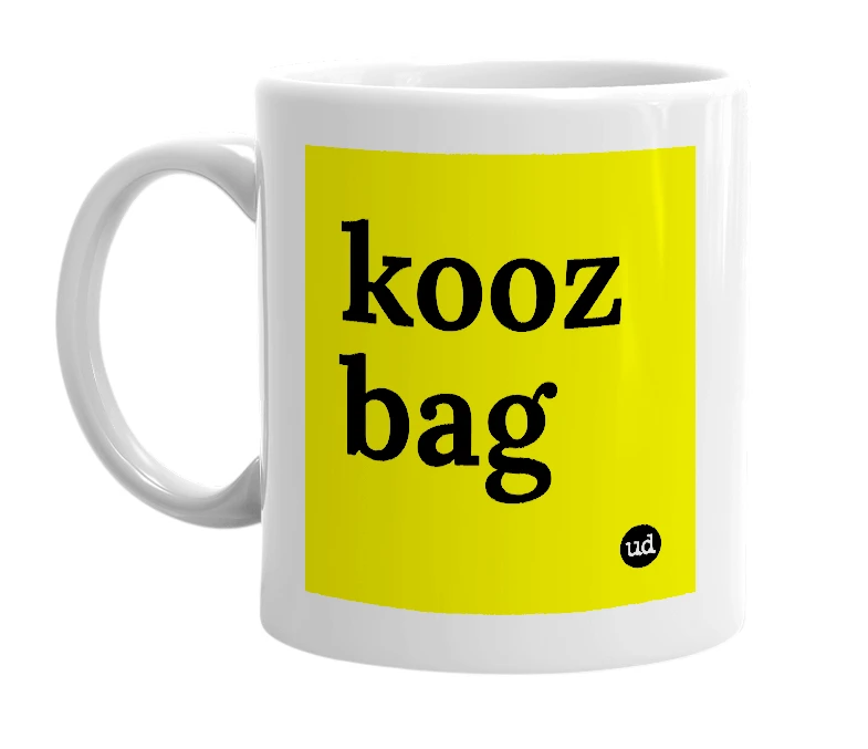 White mug with 'kooz bag' in bold black letters