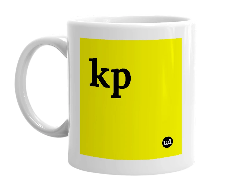White mug with 'kp' in bold black letters