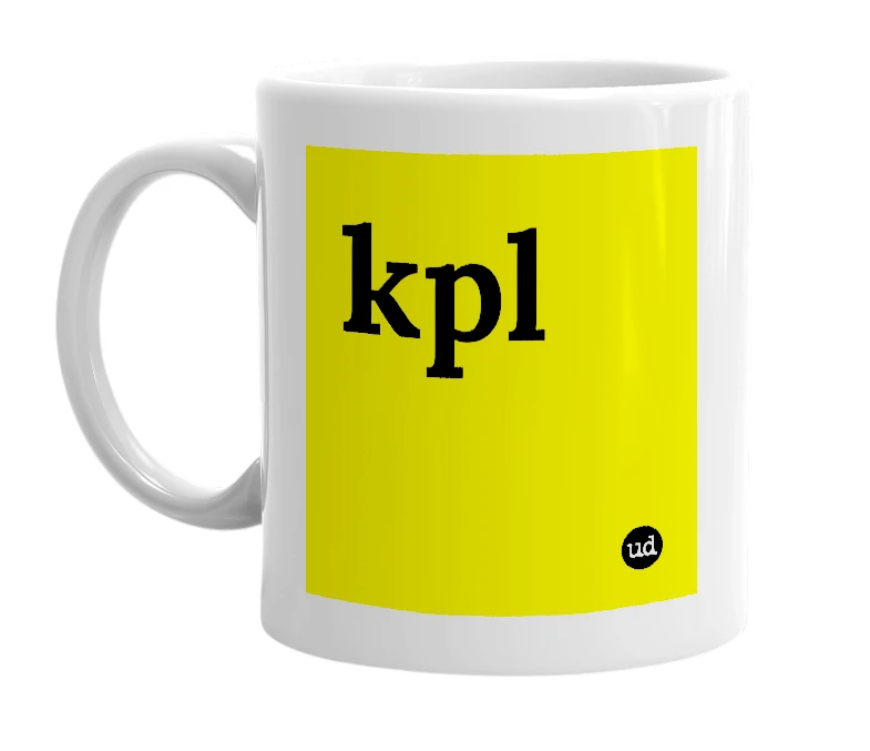 White mug with 'kpl' in bold black letters