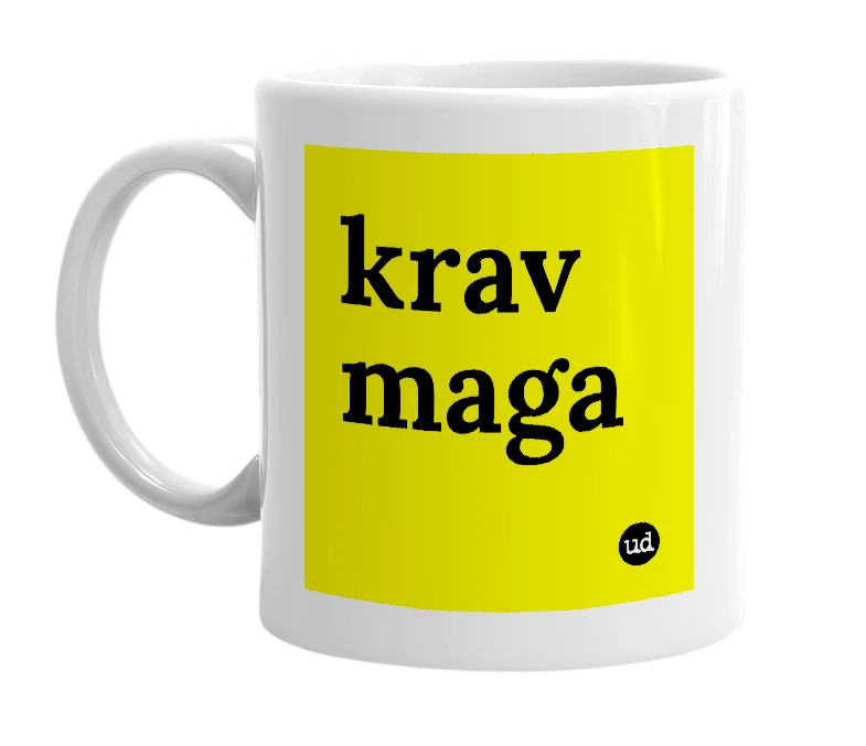 White mug with 'krav maga' in bold black letters