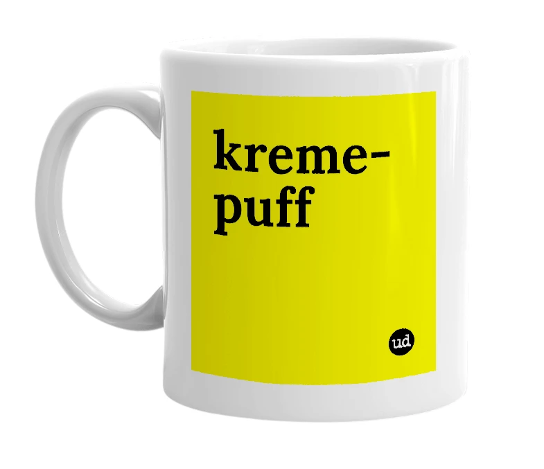 White mug with 'kreme-puff' in bold black letters