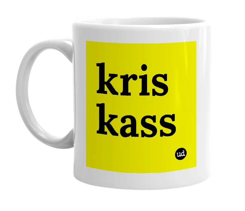 White mug with 'kris kass' in bold black letters