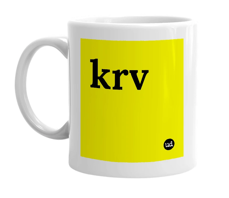 White mug with 'krv' in bold black letters