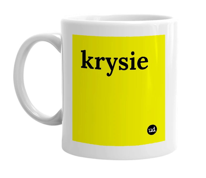 White mug with 'krysie' in bold black letters