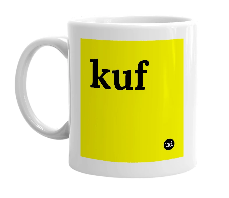 White mug with 'kuf' in bold black letters